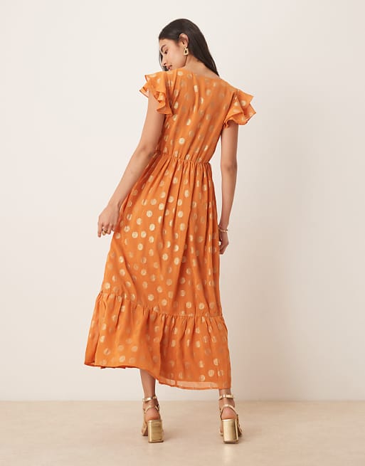 Asos Lovedrobe V Neck & Flutter Sleeve Metallic Midi Dress In Orange