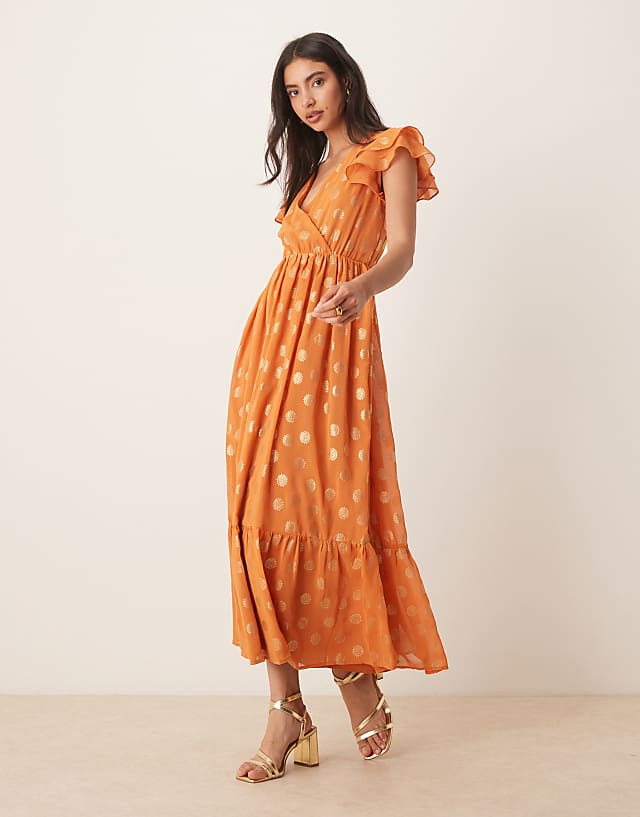 asos Lovedrobe V neck & flutter sleeve metallic midi dress in orange