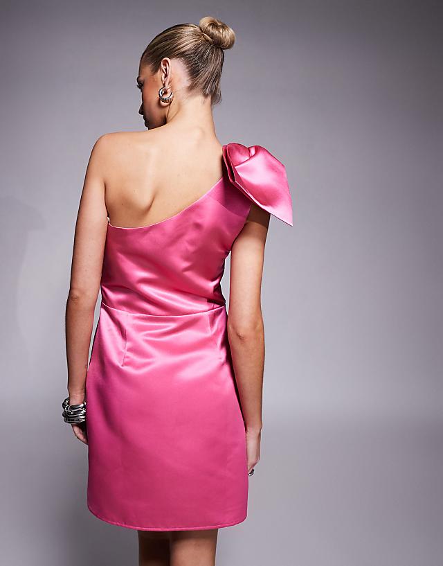 Asos Lulu's Bow One Shoulder Taffeta Mini Dress In Pink