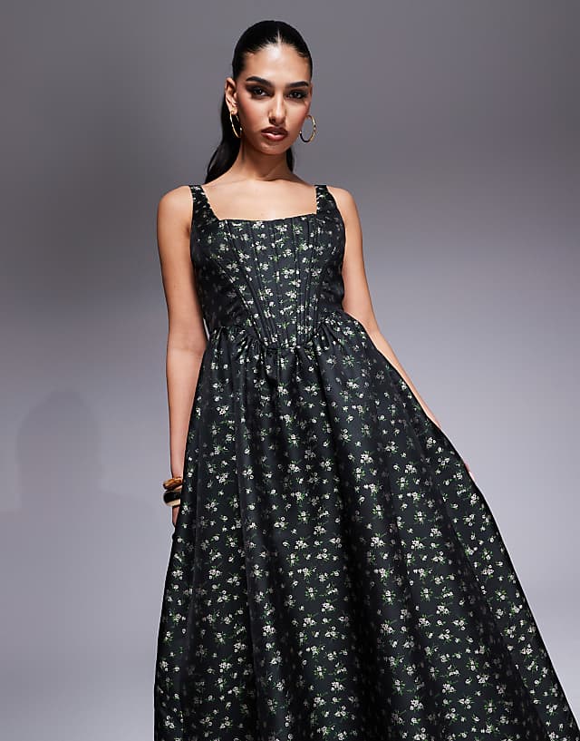 Asos Lulus Bustier Jacquard Midi Dress In Deep Green Floral