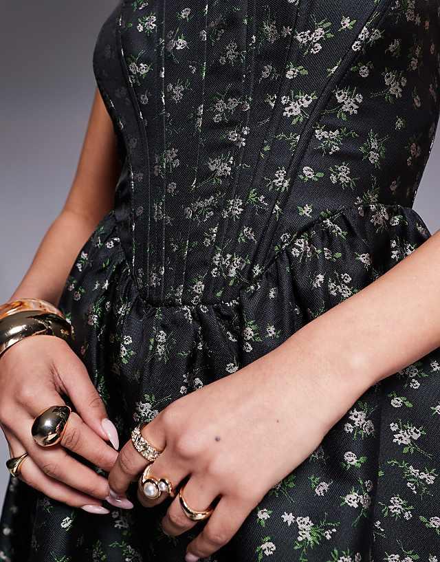 Asos Lulus Bustier Jacquard Midi Dress In Deep Green Floral