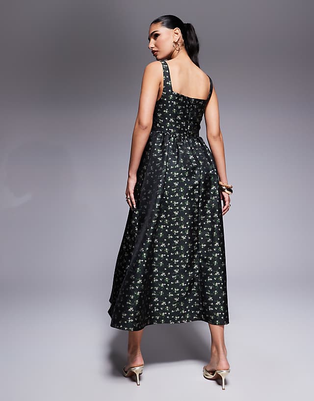 Asos Lulus Bustier Jacquard Midi Dress In Deep Green Floral