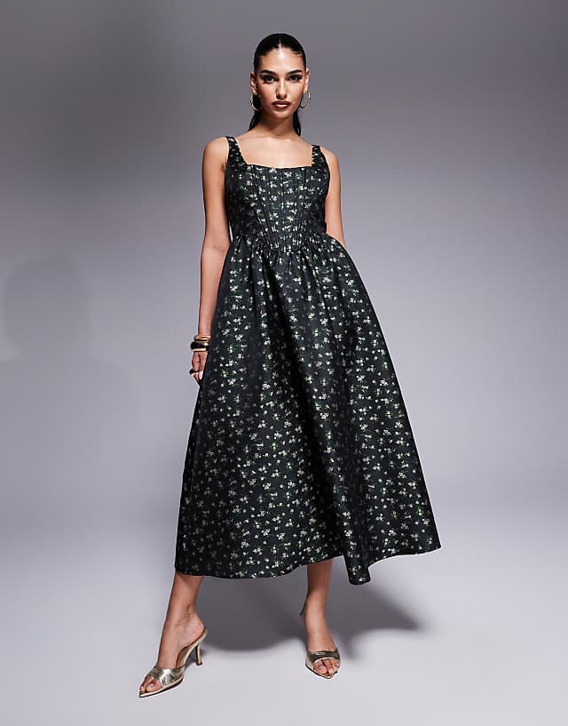asos Lulus bustier jacquard midi dress in deep green floral