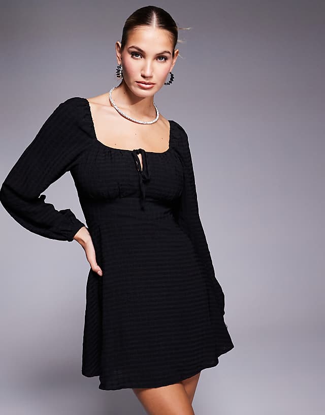 asos Lulus ruched bust balloon sleeve mini dress in black