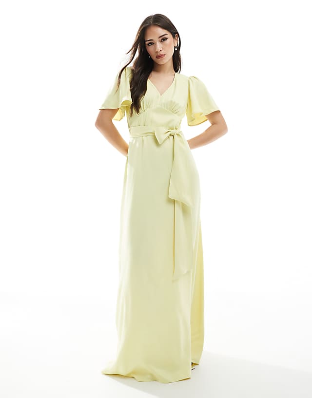 asos Maids to Measure Bridesmaid flutter sleeve maxi dress in lemon