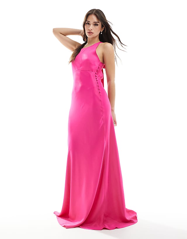 Asos Maids To Measure Bridesmaid High Neck Maxi Dress With Tie Back In Hot Pink