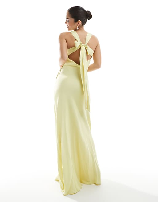 Asos Maids To Measure Bridesmaid High Neck Maxi Dress With Tie Back In Lemon