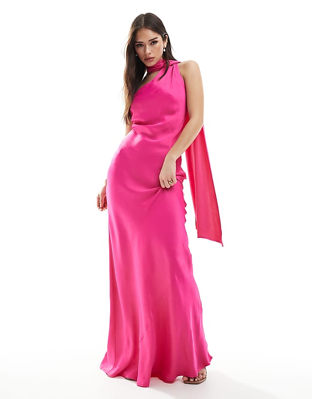 asos Maids to Measure Bridesmaid one shoulder scarf maxi dress in hot pink