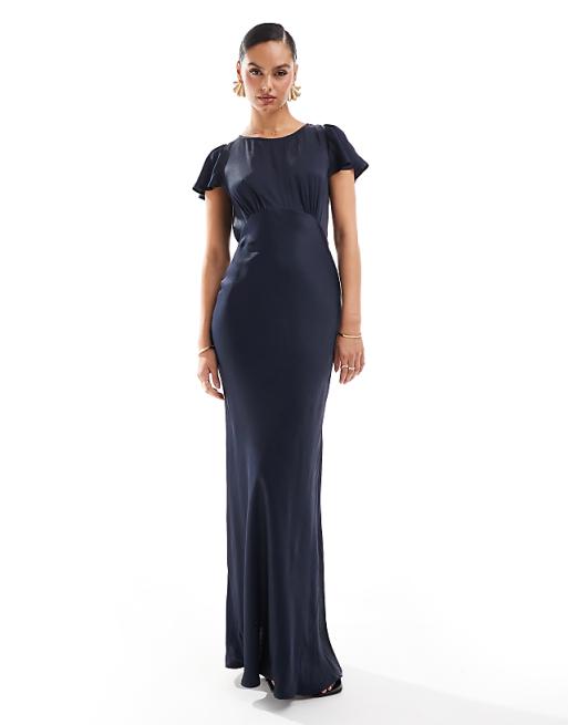 Asos Maids To Measure Bridesmaid Short Sleeve Cowl Back Maxi Dress In Navy