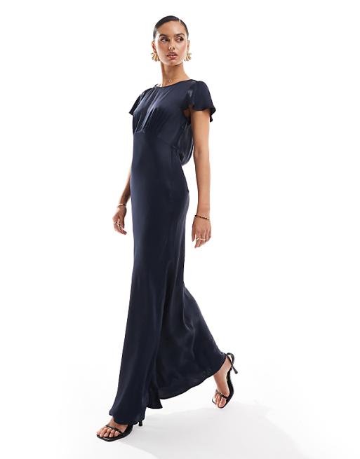 Asos Maids To Measure Bridesmaid Short Sleeve Cowl Back Maxi Dress In Navy