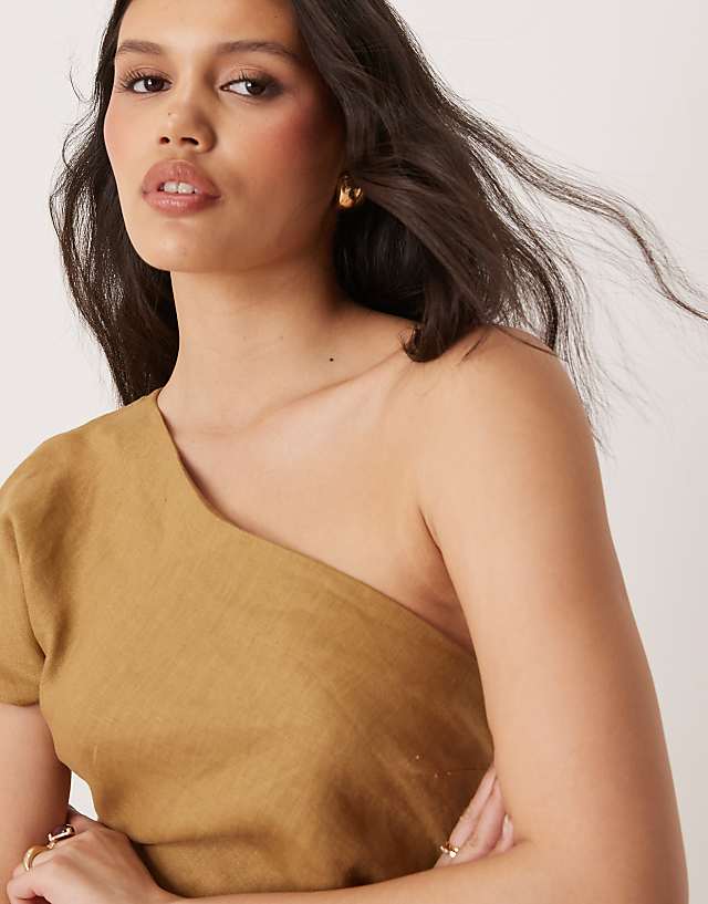 Asos Mango 100% Linen One Shoulder Midi Dress With Ruched Waist In Sand