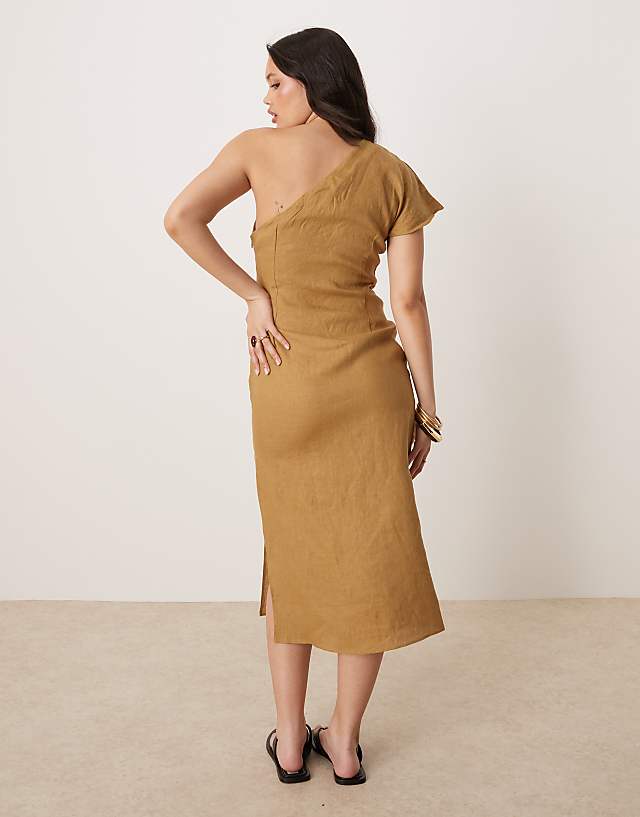 Asos Mango 100% Linen One Shoulder Midi Dress With Ruched Waist In Sand