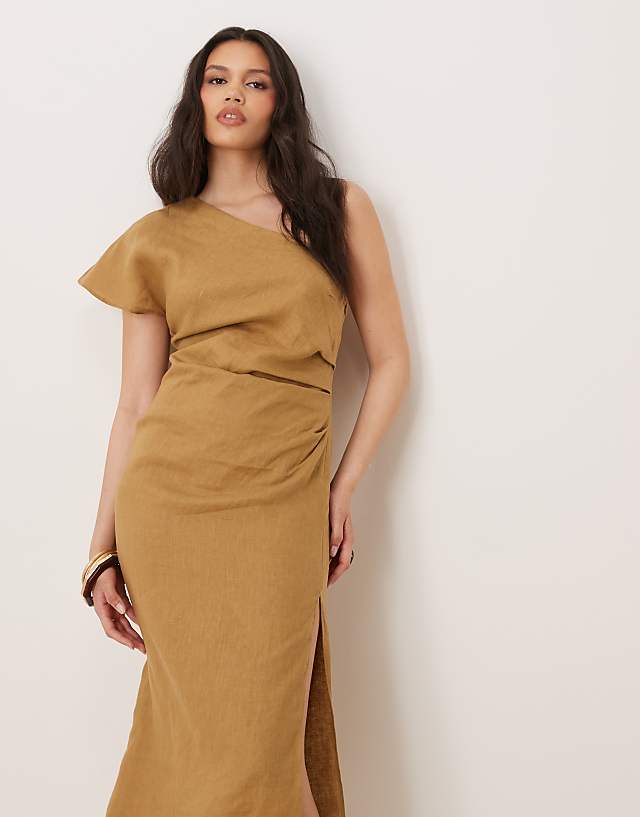 Asos Mango 100% Linen One Shoulder Midi Dress With Ruched Waist In Sand
