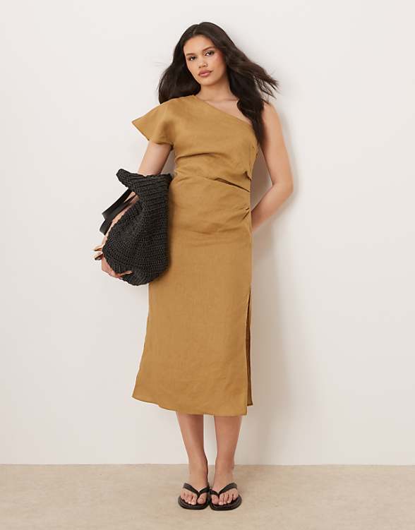 asos Mango 100% linen one shoulder midi dress with ruched waist in sand