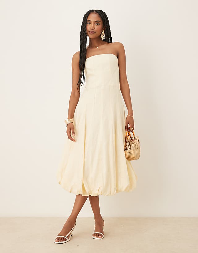 asos Mango capsule linen bandeau structured midi dress in buttermilk