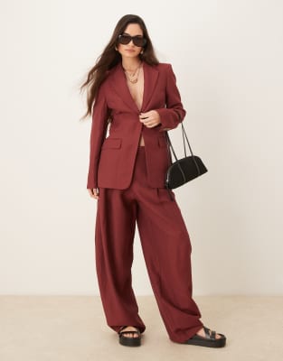 Asos Mango Capsule Linen Mix Wide Leg Trouser And Blazer Co-ord In Wine Red