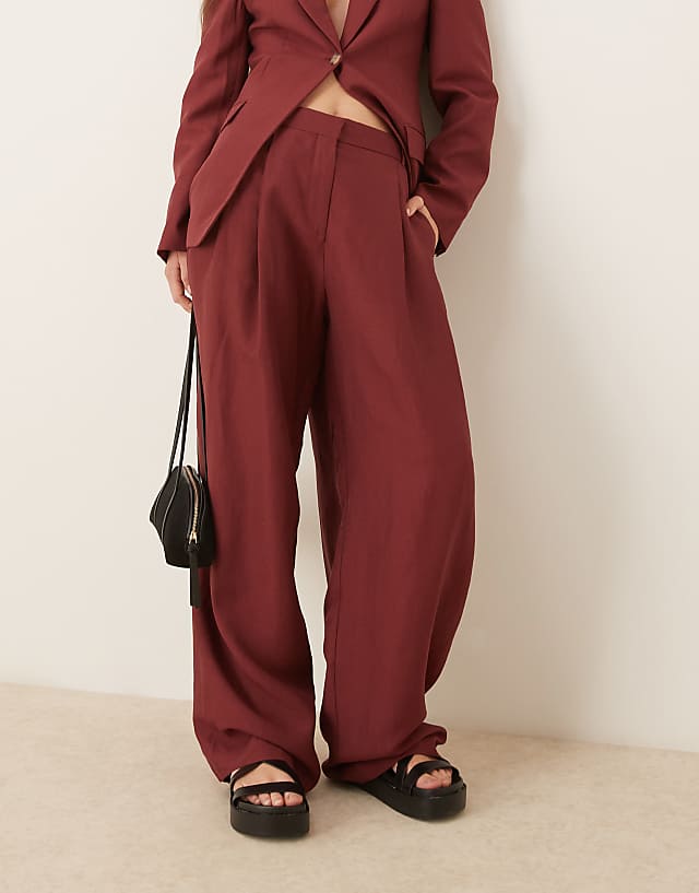 asos Mango capsule linen mix wide leg trouser and blazer co-ord in wine red
