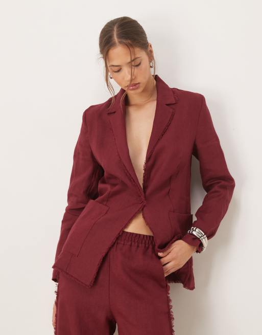 Asos Mango Co-ord 100% Linen Frayed Edge Fitted Blazer & Trouser In Dark Red