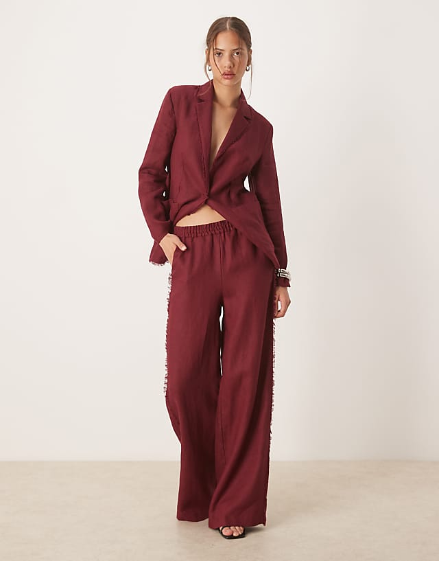 asos Mango co-ord 100% linen frayed edge fitted blazer & trouser in dark red