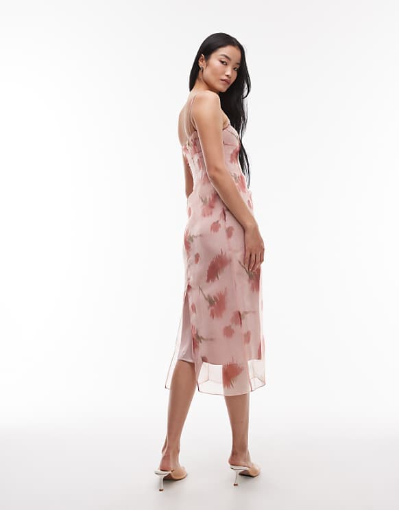 Asos Mango Double Layered V-neck Midi Dress In Pastel Pink
