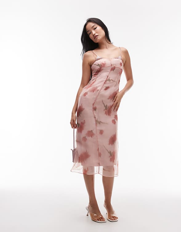 asos Mango double layered v-neck midi dress in pastel pink