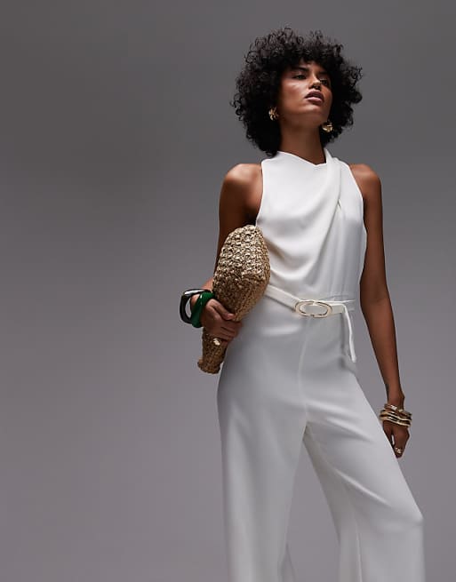 Asos Mango High Neck Draped Jumpsuit With Gold Belt In Off White