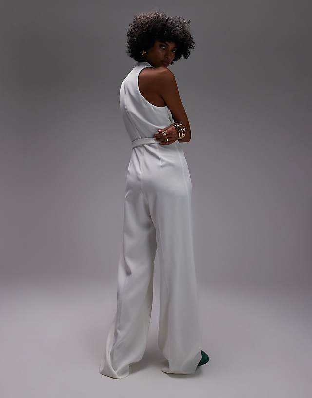 Asos Mango High Neck Draped Jumpsuit With Gold Belt In Off White