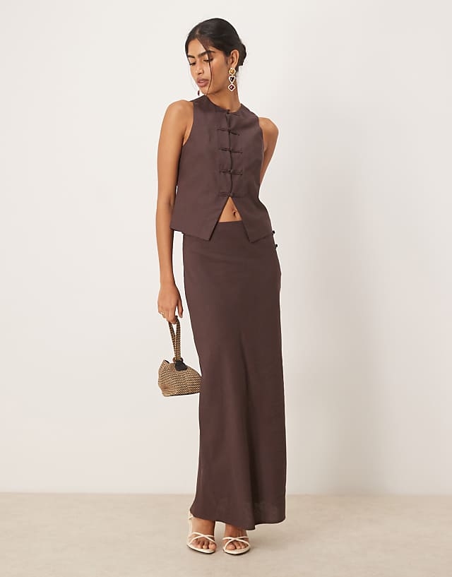 Asos Mango Linen Blend Round Neck Waistcoat Co-ord In Chocolate