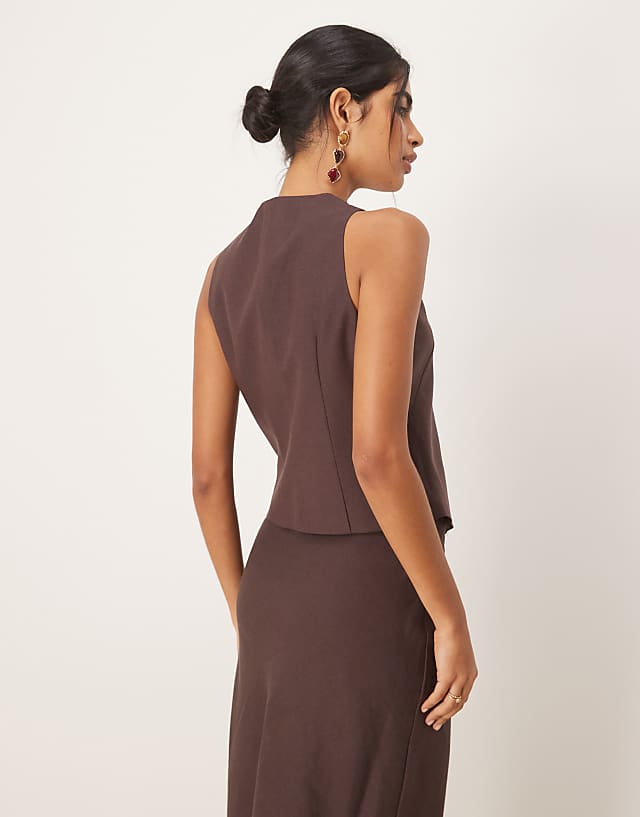 Asos Mango Linen Blend Round Neck Waistcoat Co-ord In Chocolate
