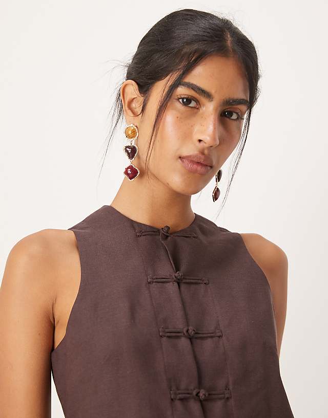 Asos Mango Linen Blend Round Neck Waistcoat Co-ord In Chocolate