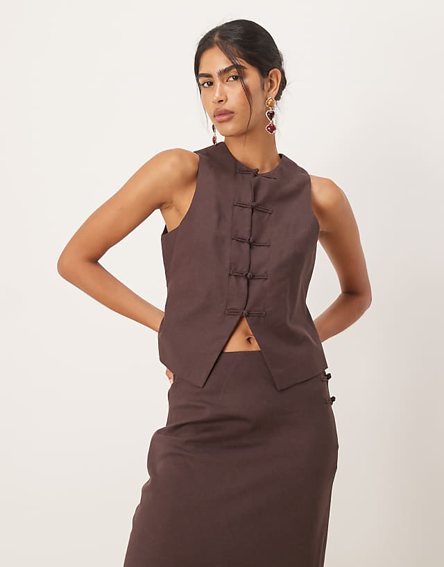 asos Mango linen blend round neck waistcoat co-ord in chocolate