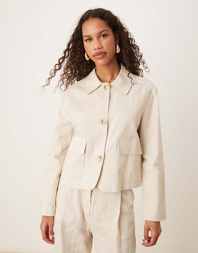 asos Mango linen button thorugh jacket co-ord in stone