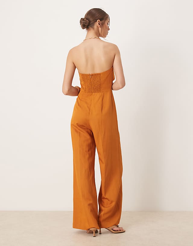 Asos Mango Linen Mix Bandeau Jumpsuit In Burnt Orange