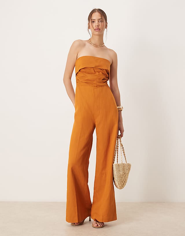 asos Mango linen mix bandeau jumpsuit in burnt orange