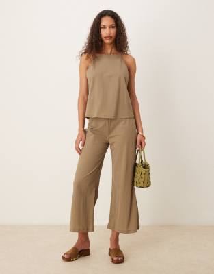 Asos Mango Linen Mix Cami Top And Wide Leg Trouser Co-ord In Beige