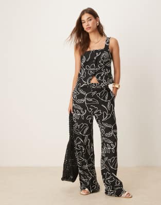 Asos Mango Linen Mix Mono Sketch Print Co-ord In Black