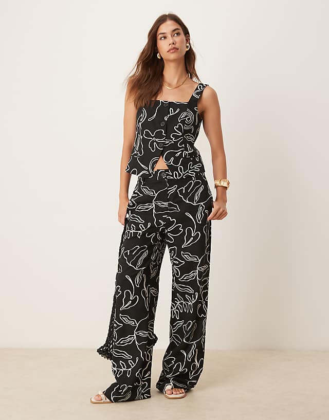 asos Mango linen mix mono sketch print co-ord in black