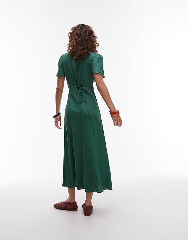 Asos Mango Linen Mix Short Sleeve Midi Dress In Emrald Green