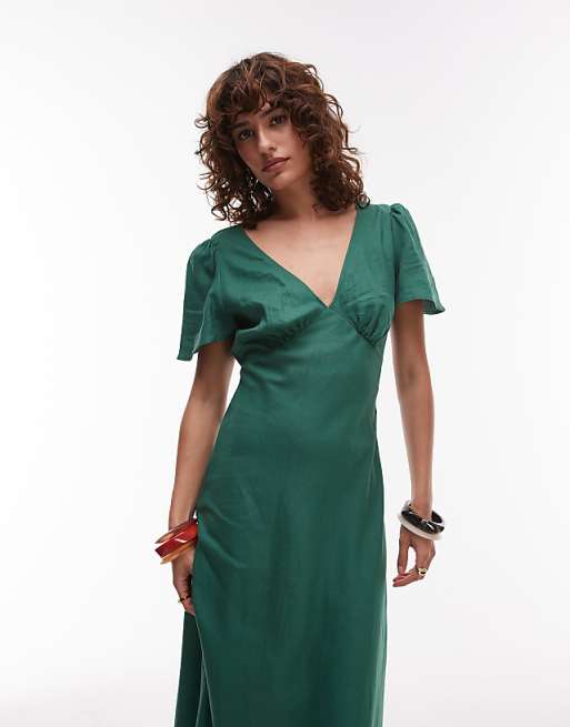 Asos Mango Linen Mix Short Sleeve Midi Dress In Emrald Green