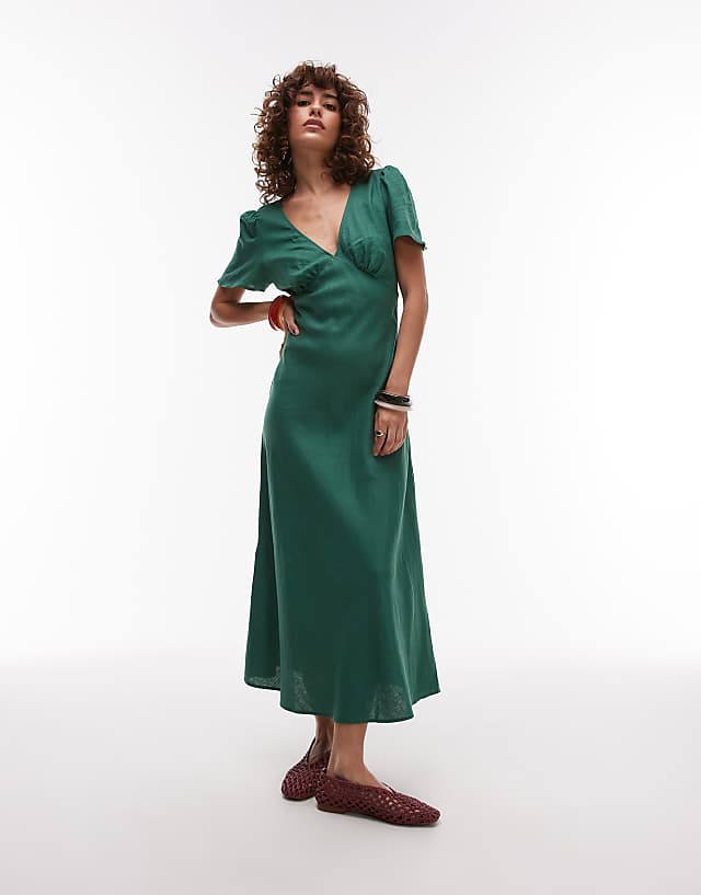 asos Mango linen mix short sleeve midi dress in emrald green