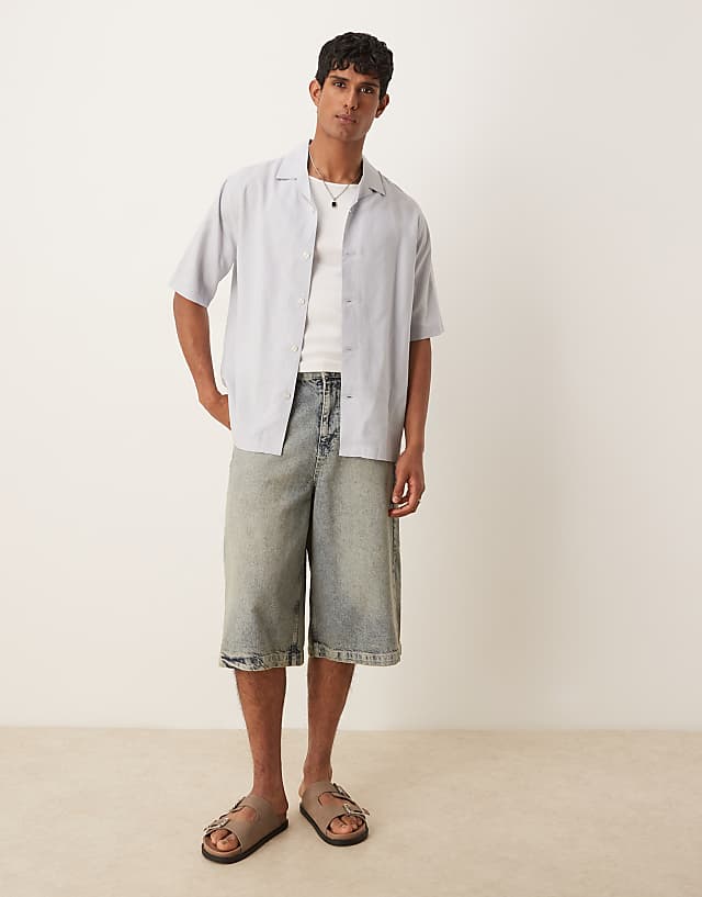 Asos Mango Linen Mix Short Sleeve Shirt In Pale Blue