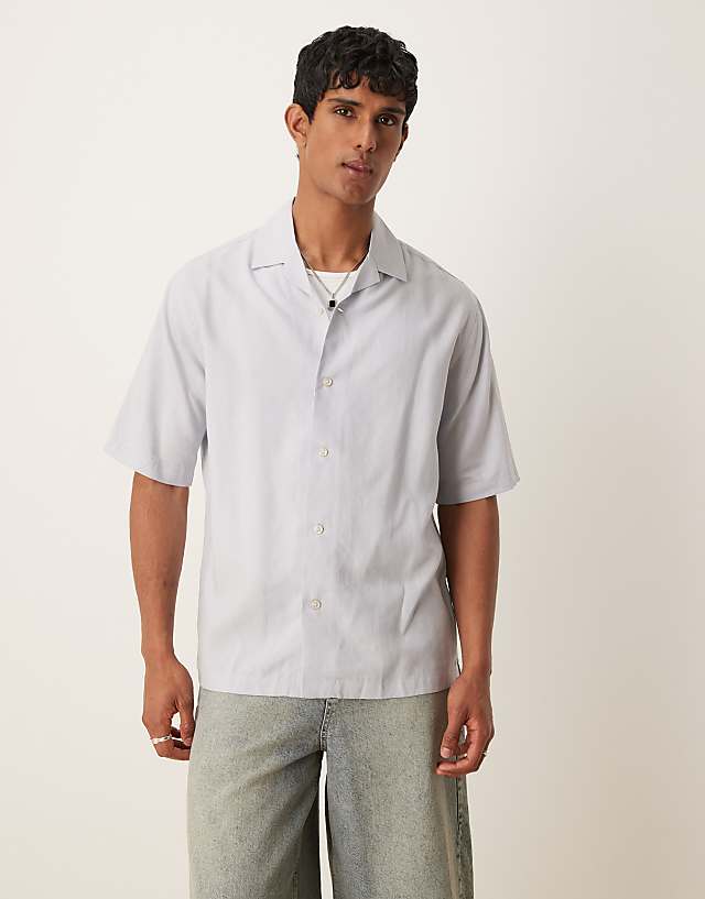 asos Mango linen mix short sleeve shirt in pale blue