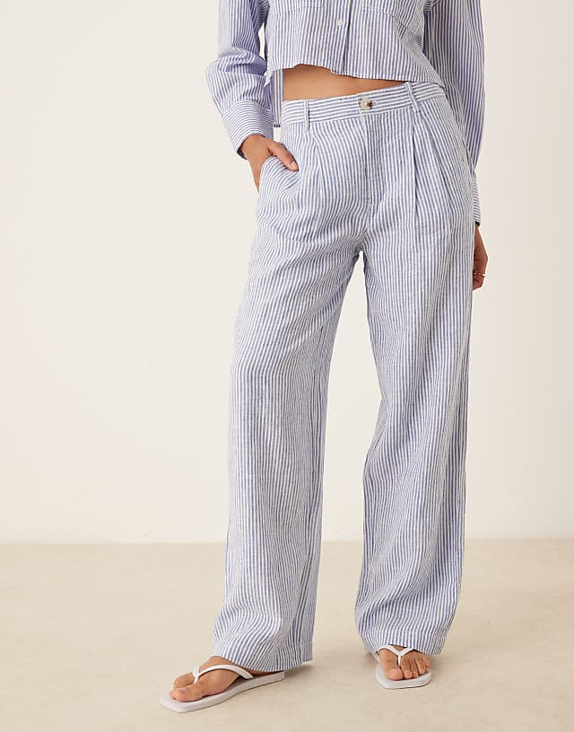 Asos Mango Linen Mix Stripe Elasticated Waist Trouser Co-ord In Light Blue