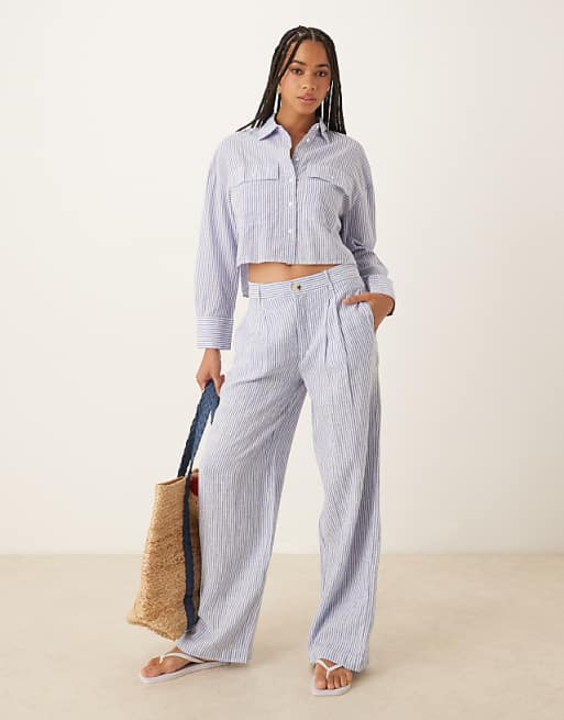 asos Mango linen mix stripe elasticated waist trouser co-ord in light blue