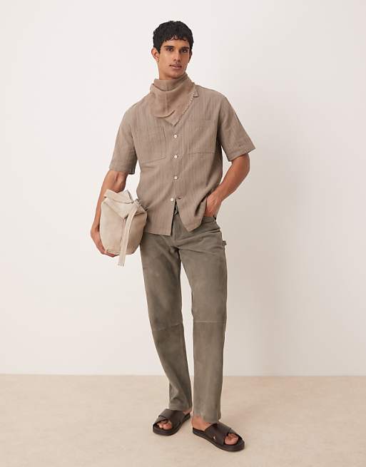 Asos Mango Linen Mix Textured Stripe Short Sleeve Shirt In Brown