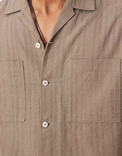 Asos Mango Linen Mix Textured Stripe Short Sleeve Shirt In Brown