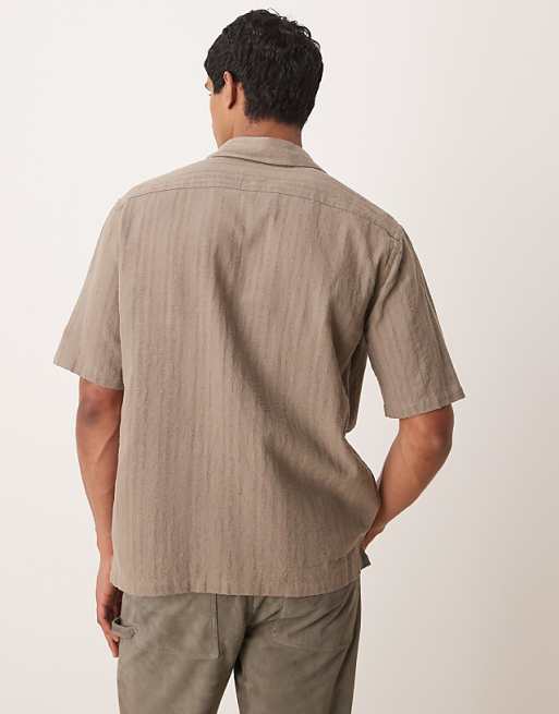 Asos Mango Linen Mix Textured Stripe Short Sleeve Shirt In Brown