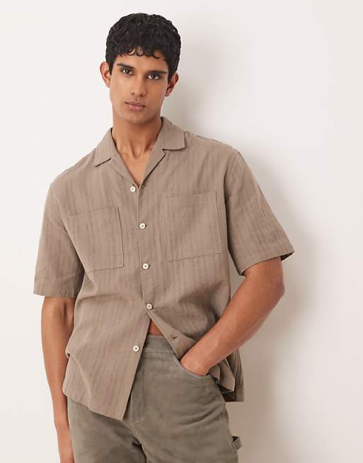asos Mango linen mix textured stripe short sleeve shirt in brown