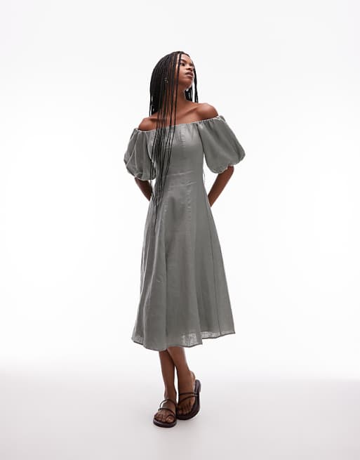 Asos Mango Linen Puff Sleeve Midi Dress In Sage Green