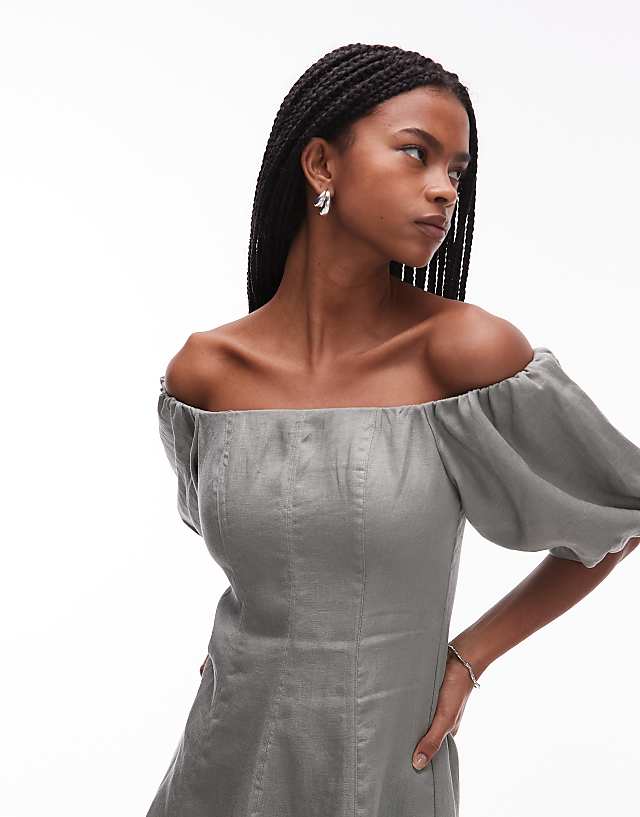 Asos Mango Linen Puff Sleeve Midi Dress In Sage Green